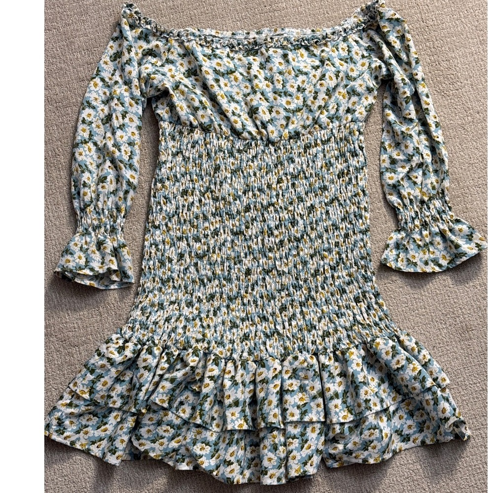 Savi Mom Floral‎ Off Shoulder Dress Smocked Ruffle Long Sleeve Mini Dress Medium